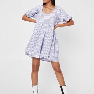 Nasty Gal Gingham Puff Sleeve Tiered Smock Mini Dress